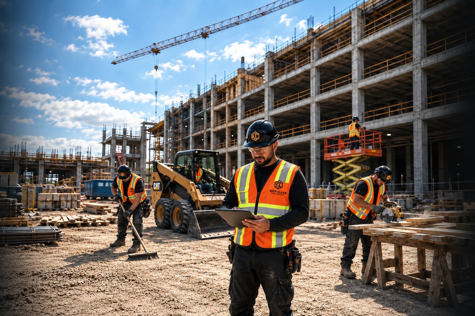 Keep Clean crews on site: sweeping, operating a skid steer, supervising, working from an elevated platform and cutting stock